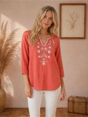 Sweet Magnolia Coral Embroidered V-Neck 3/4 Sleeve Blouse Boho Aesthetic